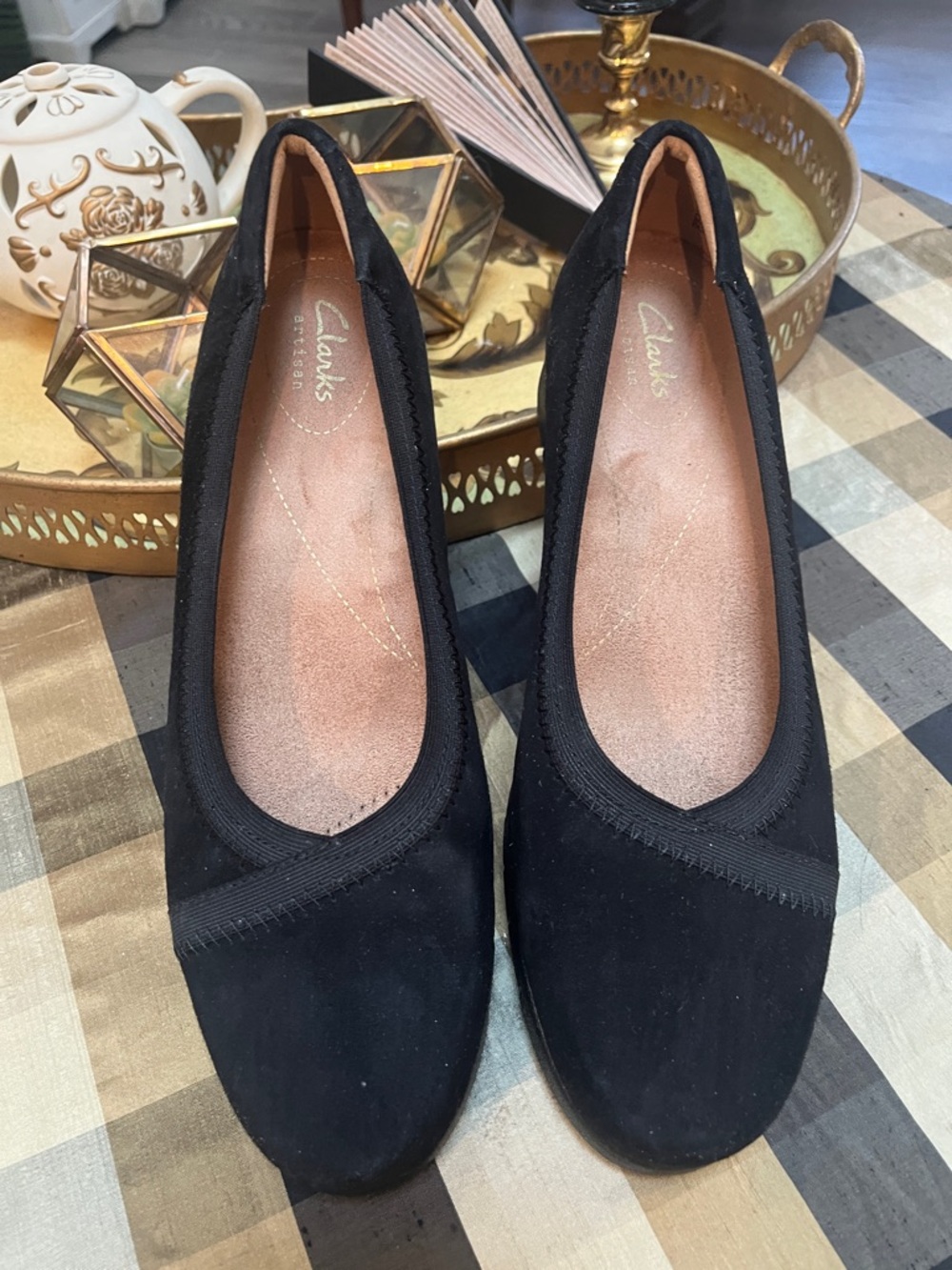 Clarks Black Suede Elastic-Trim Ballet Flats